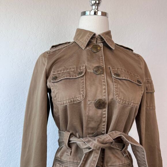 Vintage Y2K J Crew Military Utility Cargo Jacket size XS Cotton Belted Tan - Picture 3 of 14